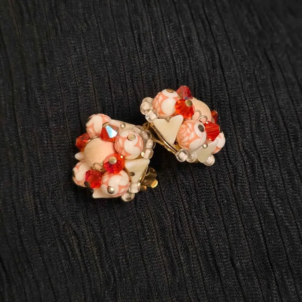 Vintage Orange White Beaded Clip-On Cluster Earrings Floral Retro Mod
